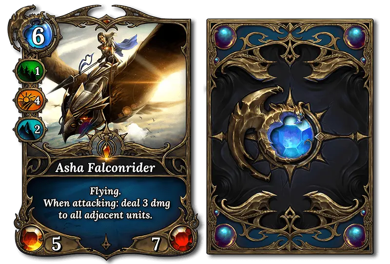 Asha Falconrider an example to trading card in Legends of Elysium collectible card game.