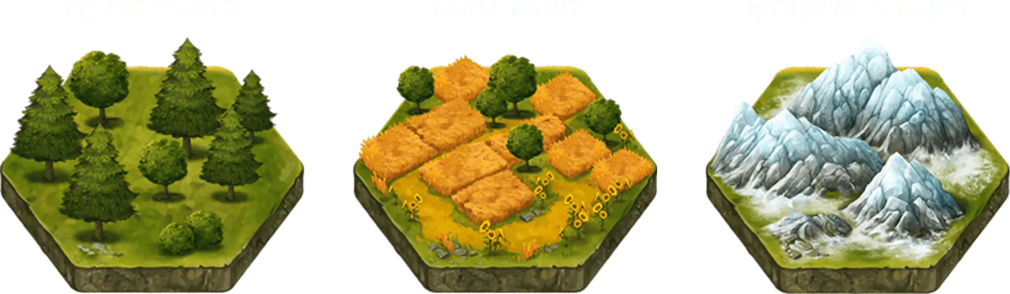 Types of Lands: In the initial version of the game, there are three types of terrain: Forest, Mountain, and Farm. During the game, you need to have a specific number and kind of these lands to place your minions, based on what they require.